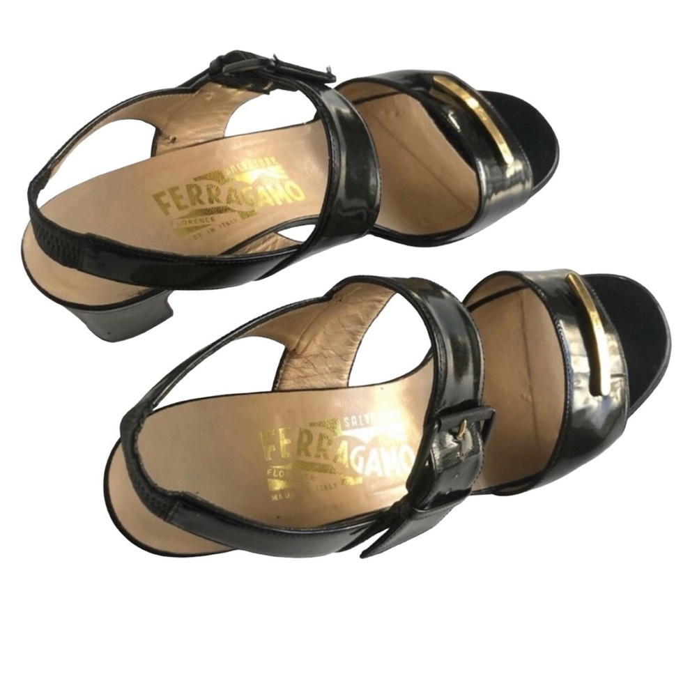 Salvatore Ferragamo Black Patent Leather Heeled Sandals Women’s Size 7.5 - Picture 6 of 12